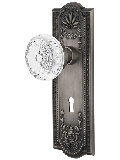 Meadows Door Set with Keyhole and Matching Crystal-Glass Knobs in Antique Pewter.